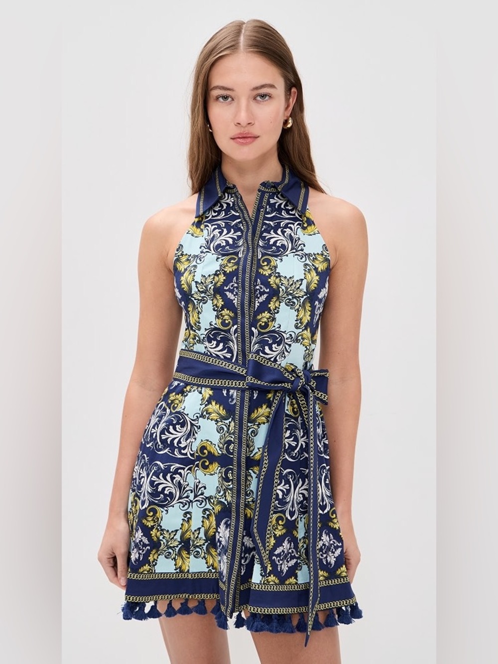 new Alice and Olivia Lucy sleeveless belted mini dress in Antique Scroll blue
